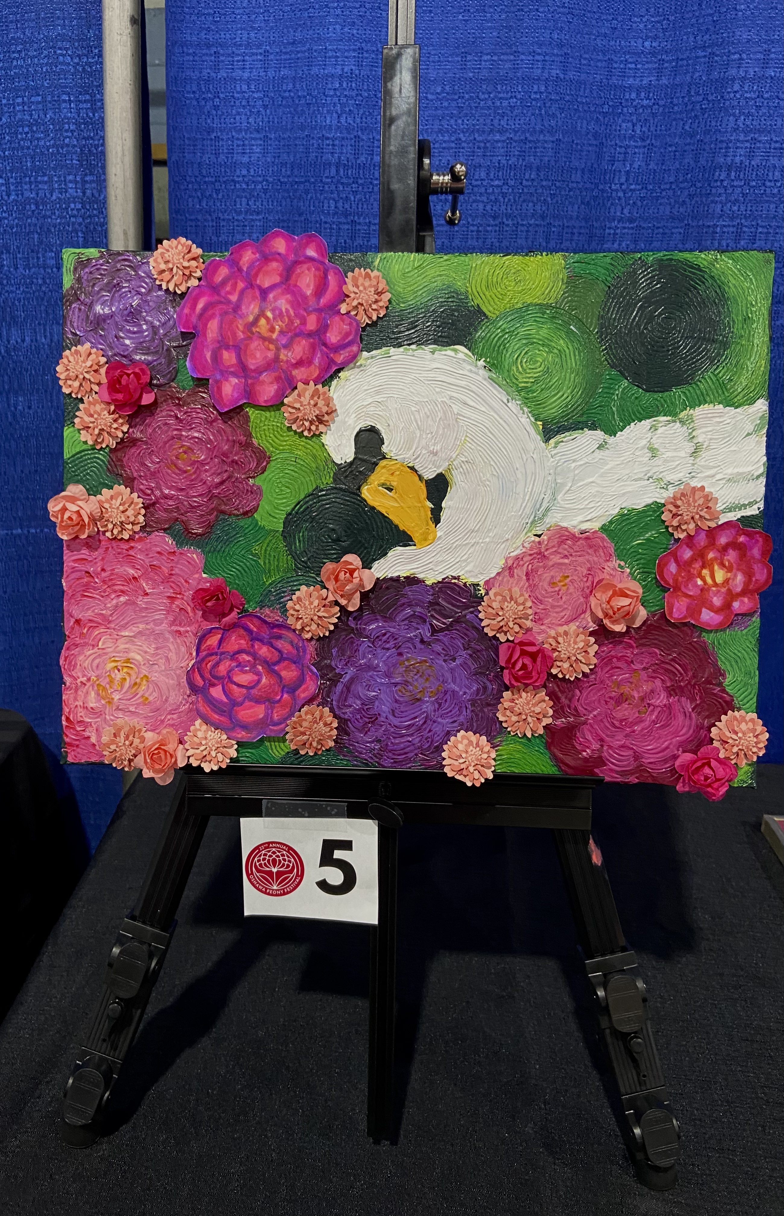 textured painting with swan and peonies