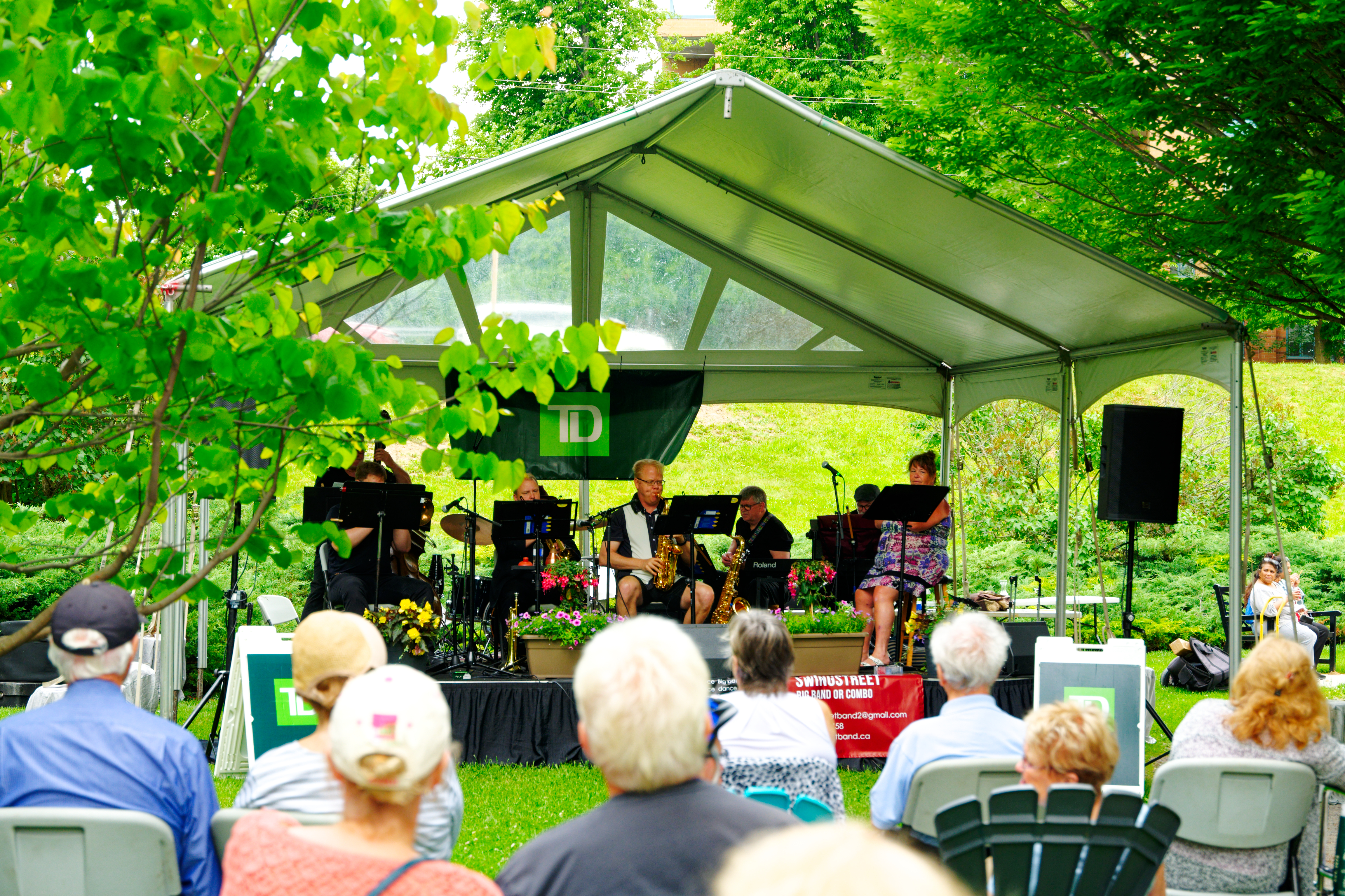 band on garden stage performing