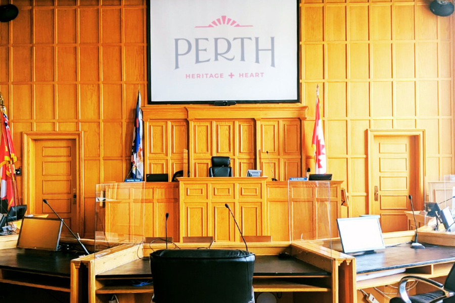 Inside of Council Chambers looking towards the Mayor's chair