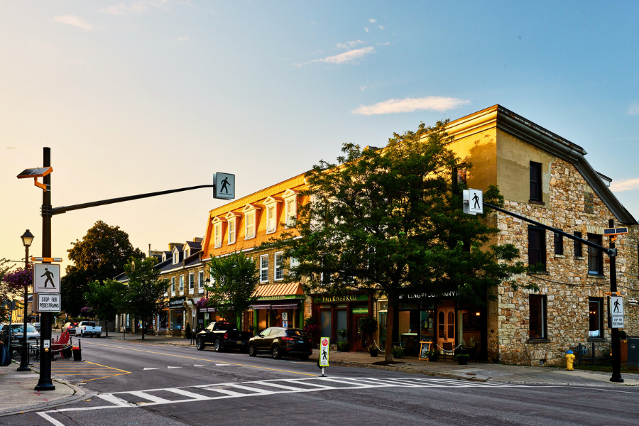 Exterior of heritage buildings in downtown Perth during early evening