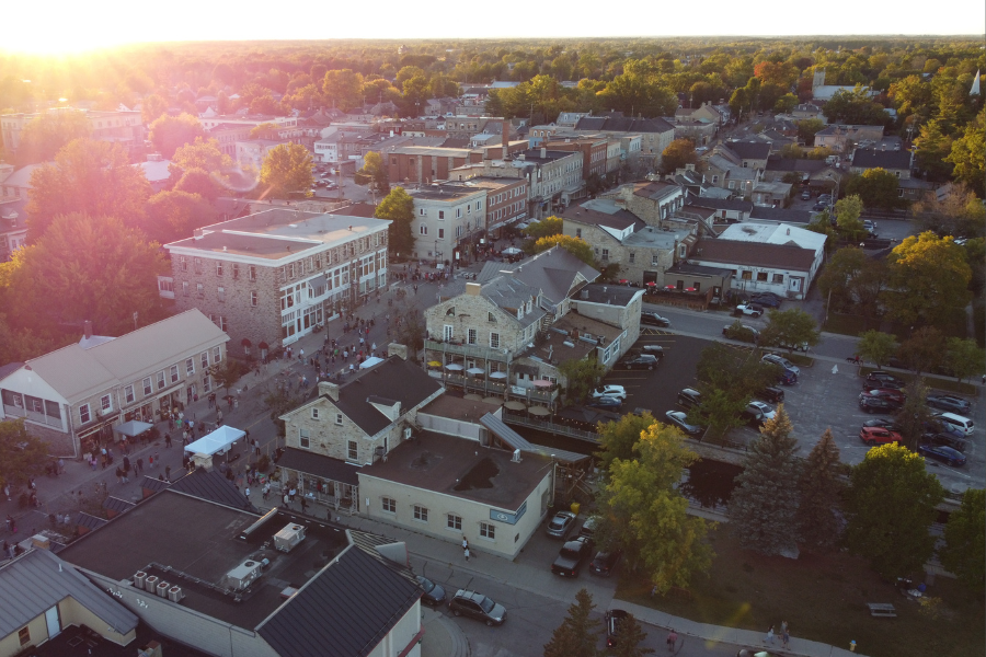 Aerial view of downtown Perth as the sun is beginning to set