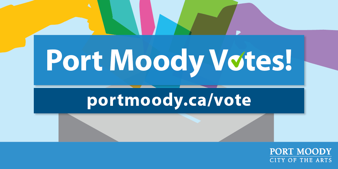 Animated hands putting ballots in a box with text: Port Moody Votes! portmoody.ca/vote
