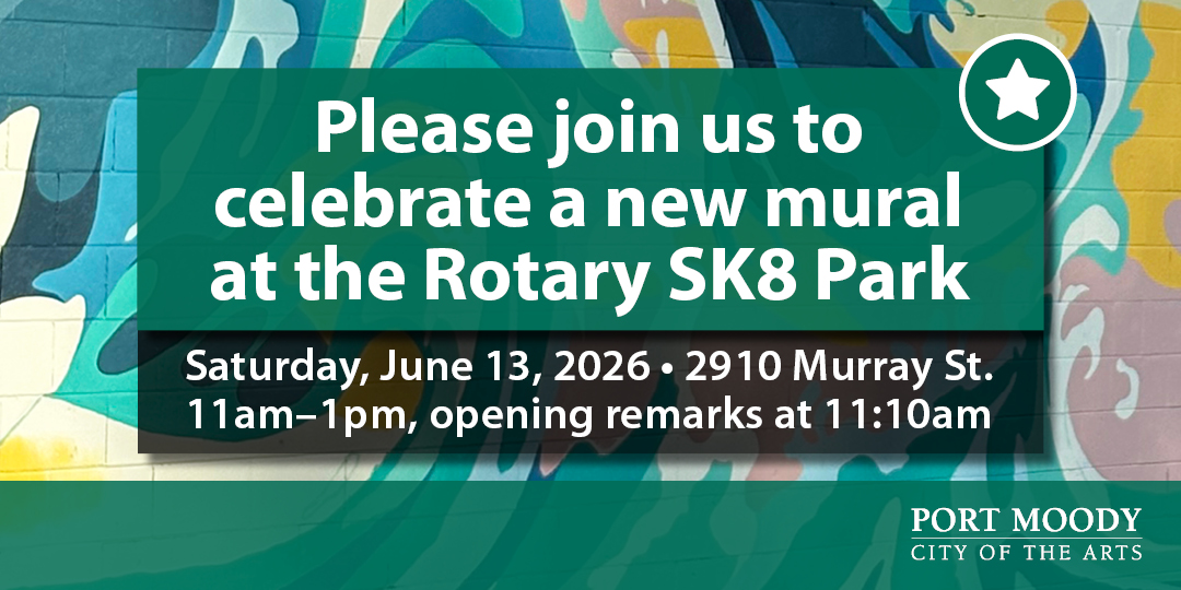 Background is a mural. Text: Please join us to celebrate a new mural at the Rotary SK8 park, saturday jun 13 11am-1pm