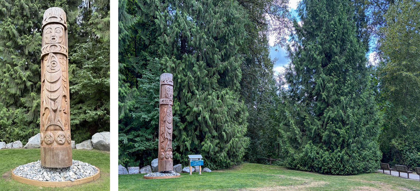 The left shows the house post close up and on the right is the house post among the cedar trees at rocky point park