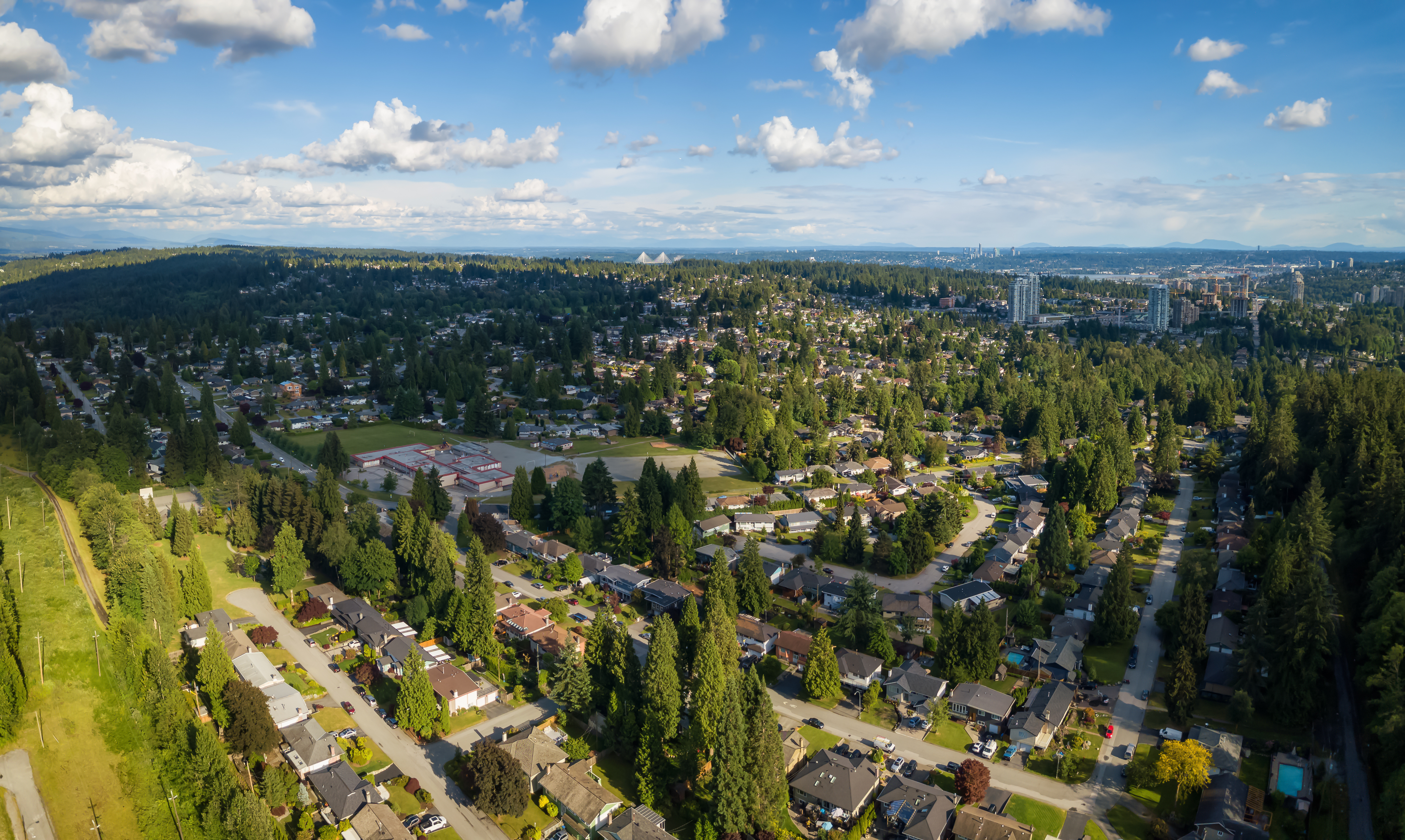 An aerial photo of a residential Port Moody neighbourhood