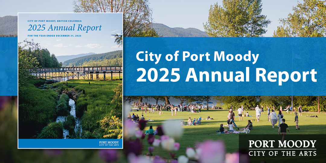 Cover image of the annual report saying City of Port Moody 2025 Annual Report with people on a grass field in the background