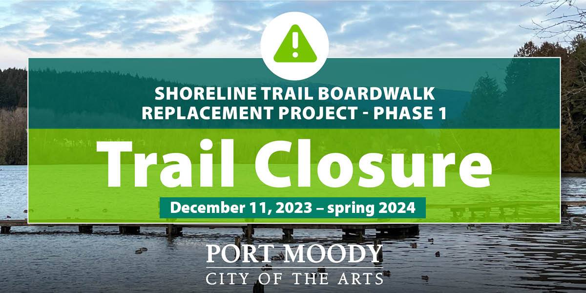 image of shoreline trail boardwalk with 'trail closed' text overlaid