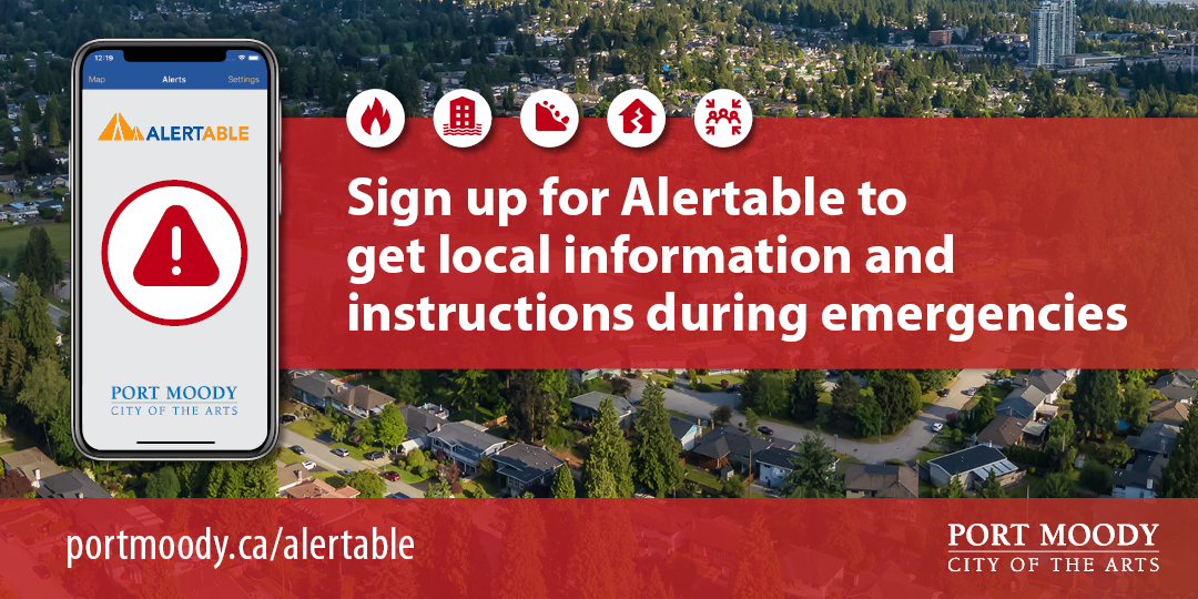 Image of cell phone with icons and messaging: Sign up for Alertable to get local information and instructions during emergencies