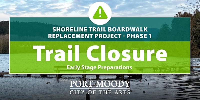 photo showing shoreline trail boardwalk with trail closure notice overlayed