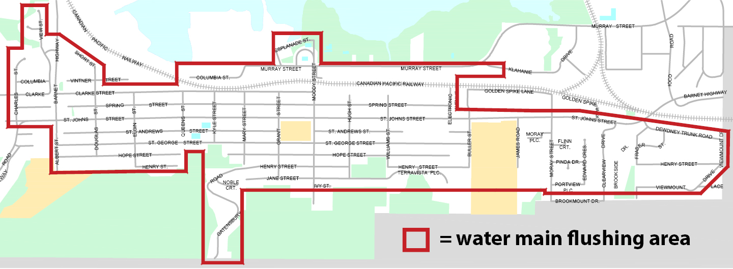 Map of Moody Centre water main flushing boundaries