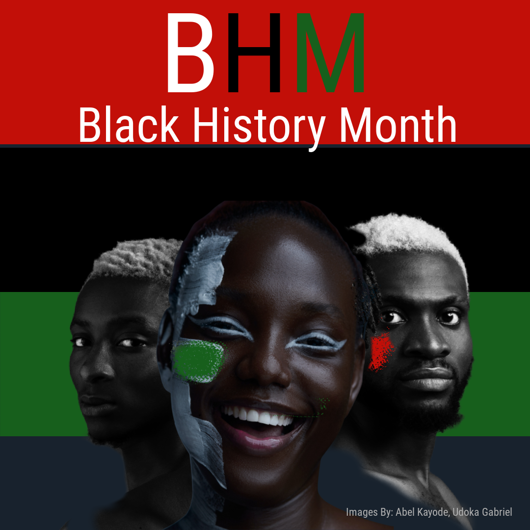 black history month image of two black men behind black women with black red and green pan african flag in the background