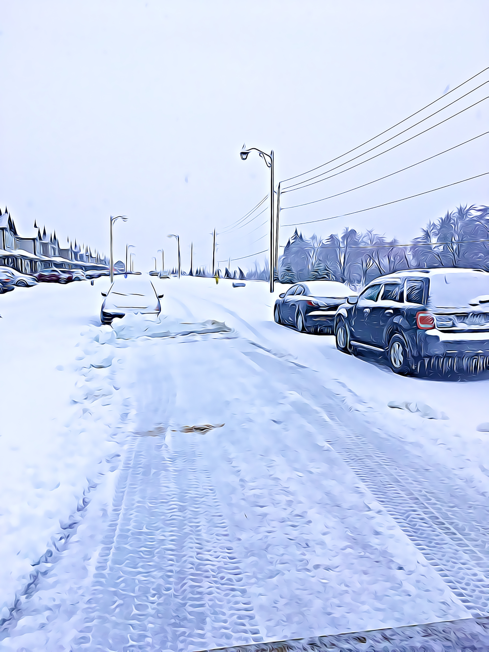 watercolour of snow covered road with 2 blue cars parked on the shoulder