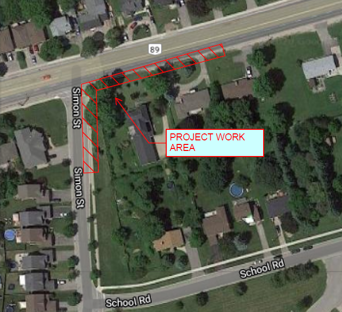 water main construction affecting the west side of Simon St. and the south side of Main St. East