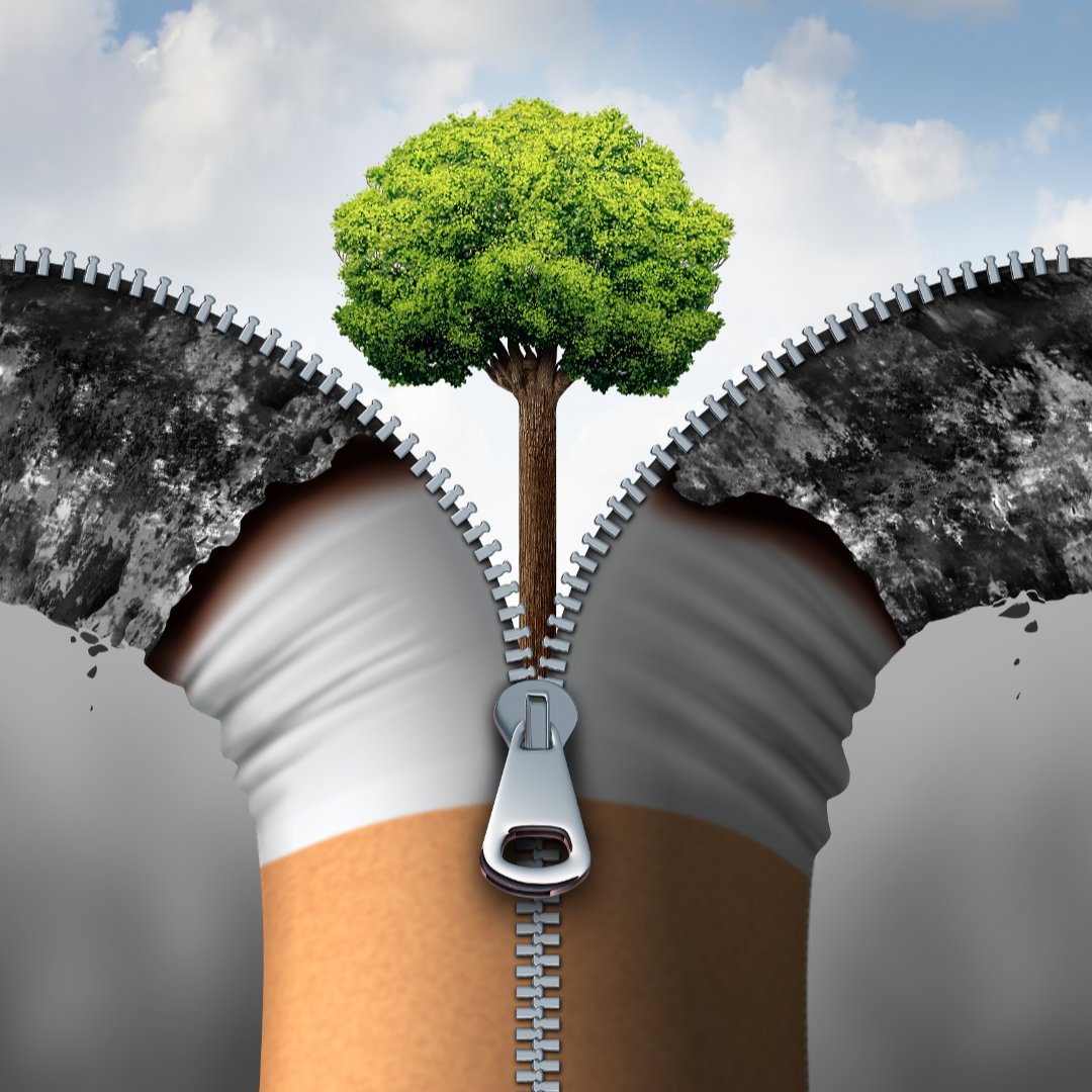 A cartoon image of a cigarette with a zipper, blue skies and tree with green leaves