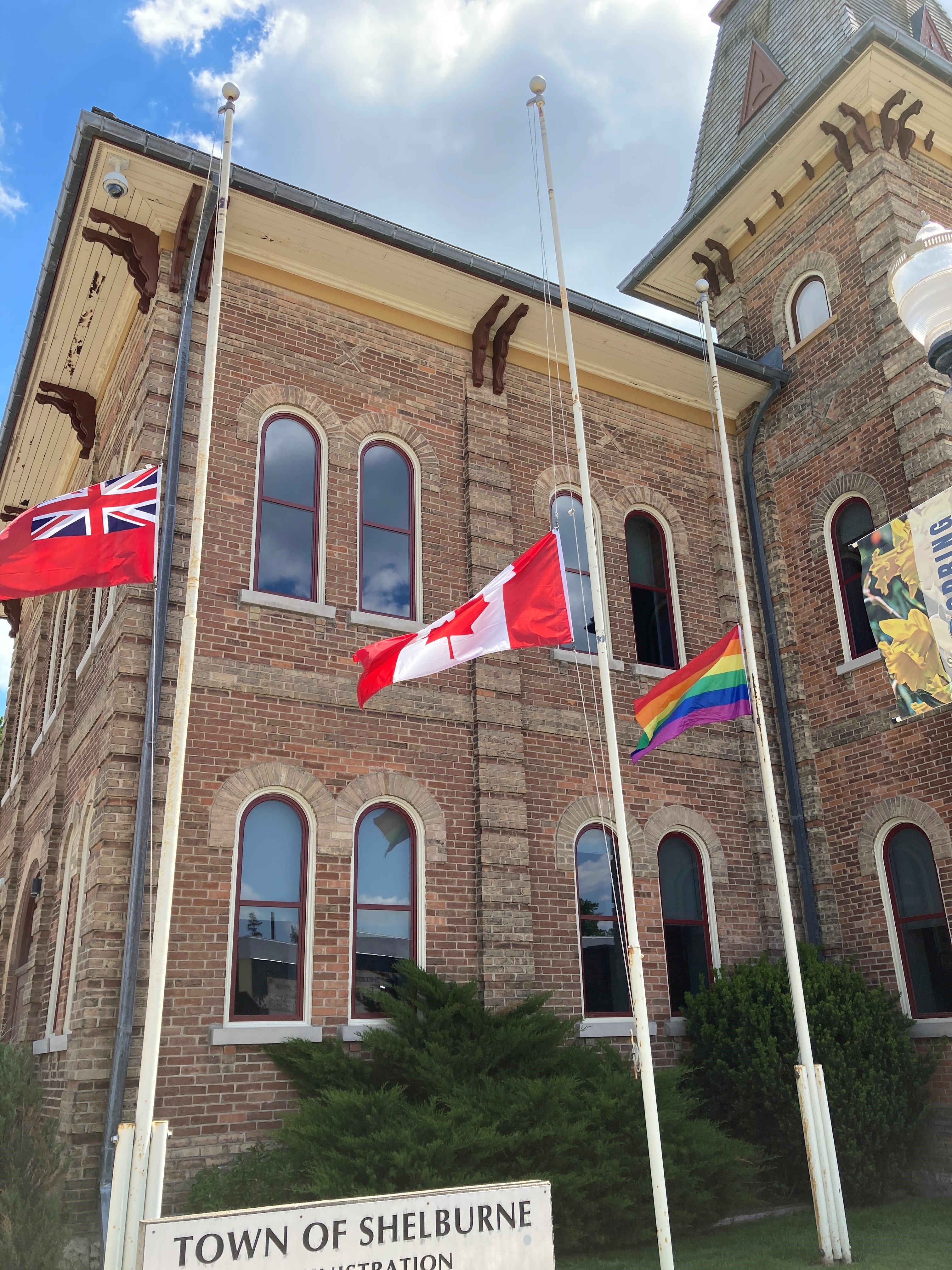 Shelburne Town Hall Flags at half mass
