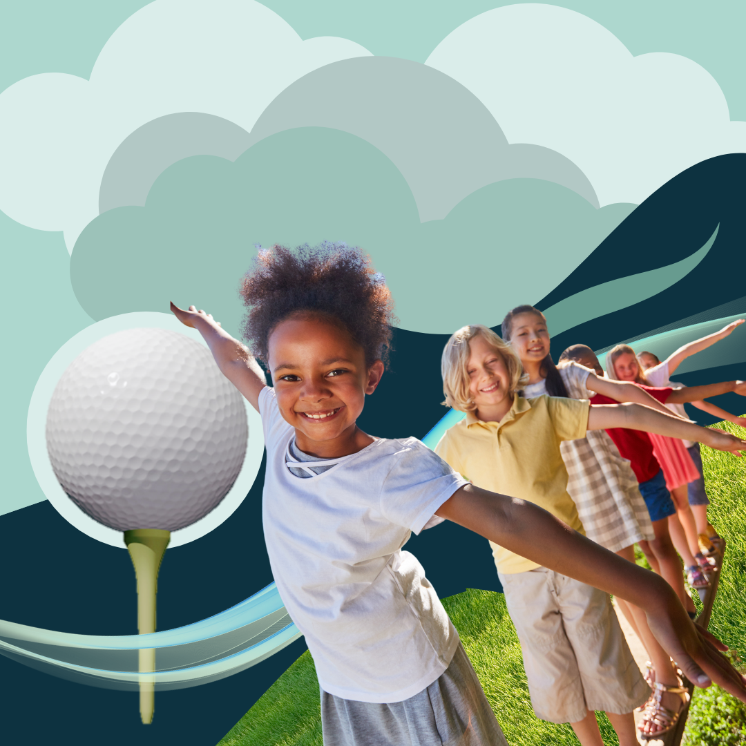 2023 EDC Rotary Golf Tournament image of multi-cultural children playing arms stretched outwards against colourful blue and green background