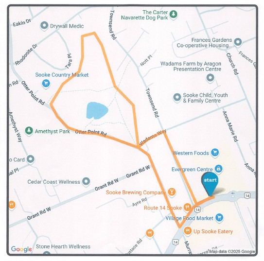 Map showing The Grand Parade Sooke walking route, beginning near Sooke Road and Townsend Road and continuing along Townsend Road, Wadams Way, park trails and Otter Point Road before returning to the start.