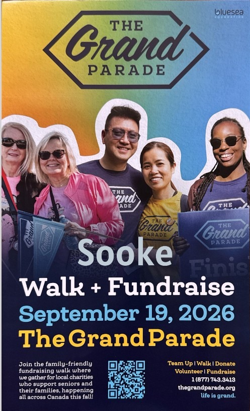Poster for the third annual Grand Parade Sooke on Saturday, September 19, from 10:00 a.m. to 1:00 p.m. at 6660 Sooke Road, meeting at the kiosk in front of A&W. The event includes two- and five-kilometre walks, food, prizes and entertainment, and supports aging Canadians. Register at thegrandparade.org/location/sooke.