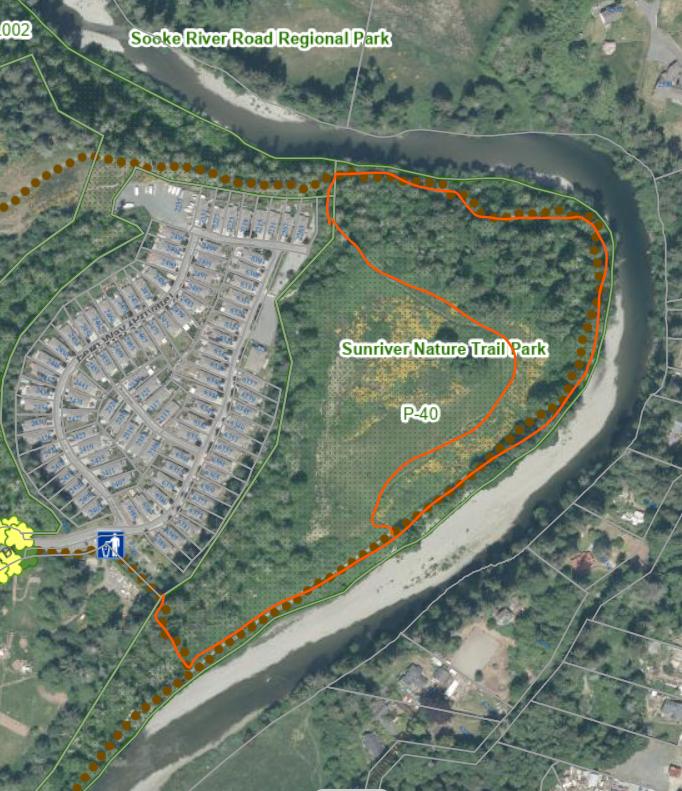 Aerial map of Sunriver Nature Trail Park showing the trail and surrounding area. A red outline marks the section closed to public access from July 28 to 30, 2026.