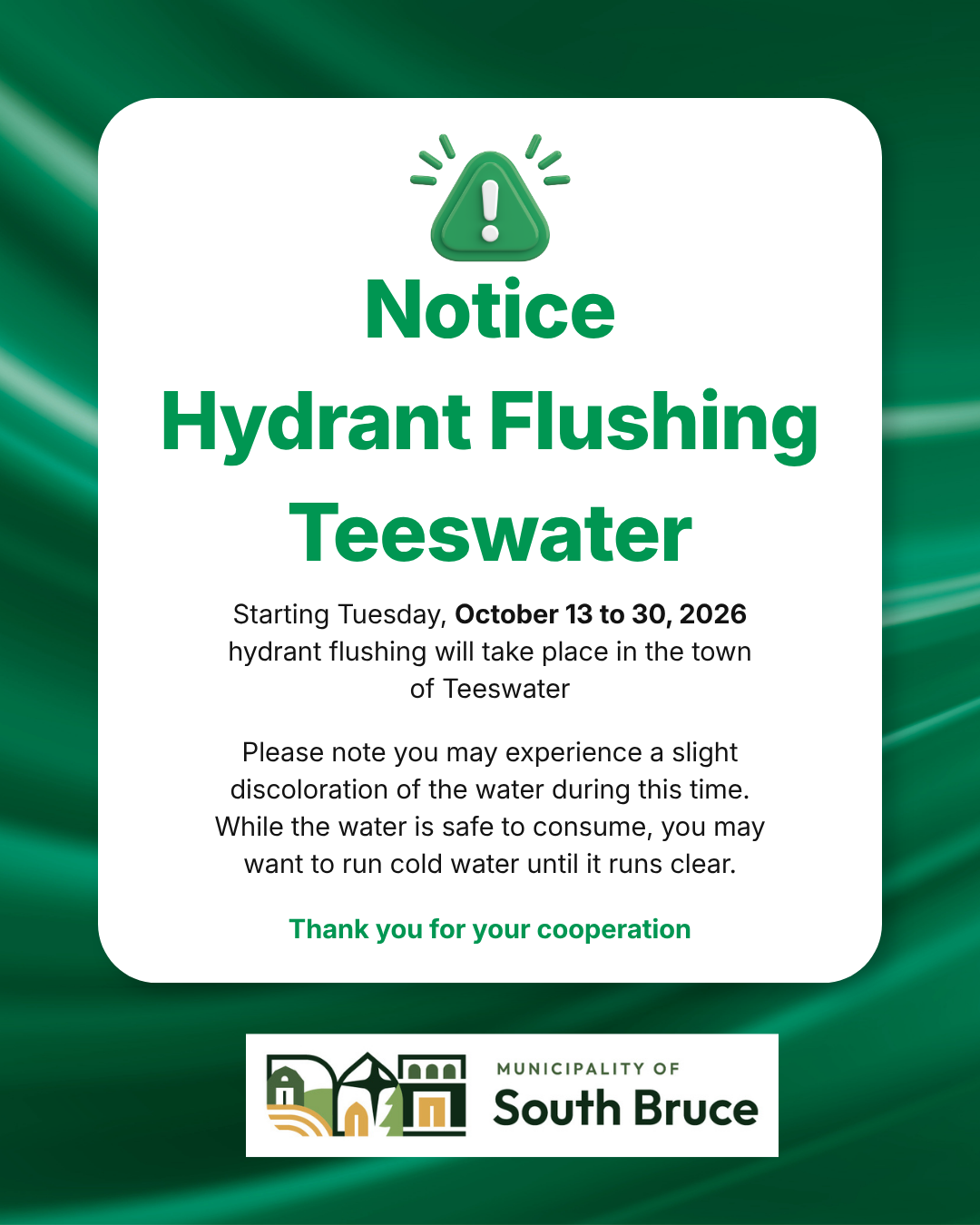 Notice of Hydrant Flushing - Teeswater
