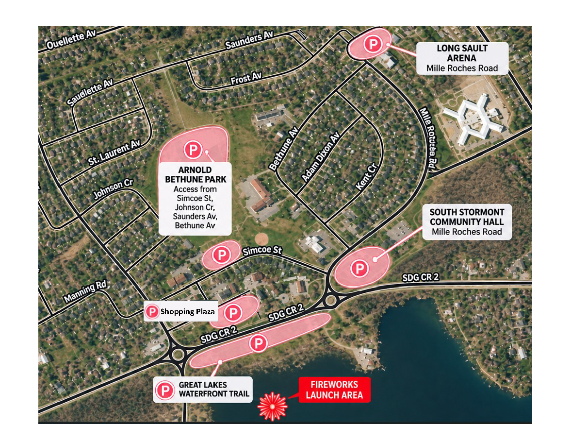 Map indicating recommended parking locations in Long Sault