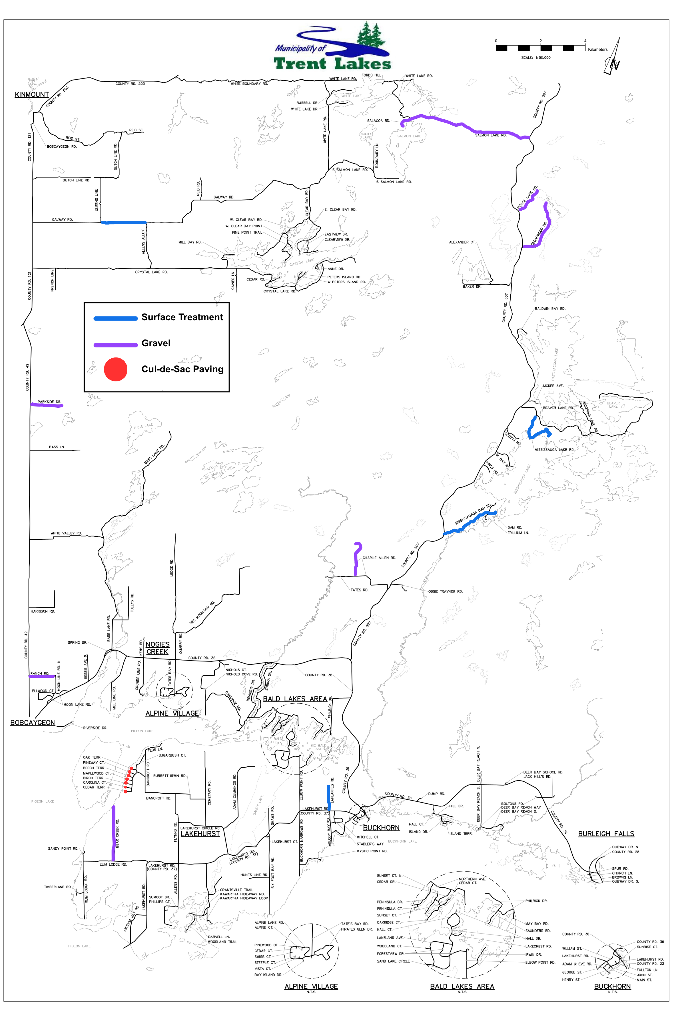 Map of Trent Lakes Municipal boundary, identifying roads for construction in 2026.