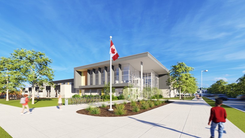 Overhead shot of new school looking south