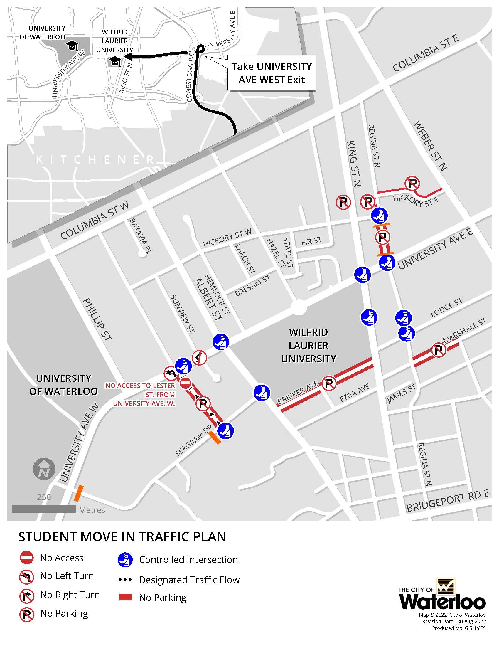 Map showing Seagram Drive - closed from University Ave to Albert St, local traffic and move-in traffic only. Lester Street - northbound one-way traffic only, local traffic and move-in traffic only. Sunview Street - no left turns from University Ave. Hazel Street - no left turns onto Wilfrid Laurier University campus. Regina Street - closed from University Ave to Hickory Street until September 6, local traffic and move-in traffic only.