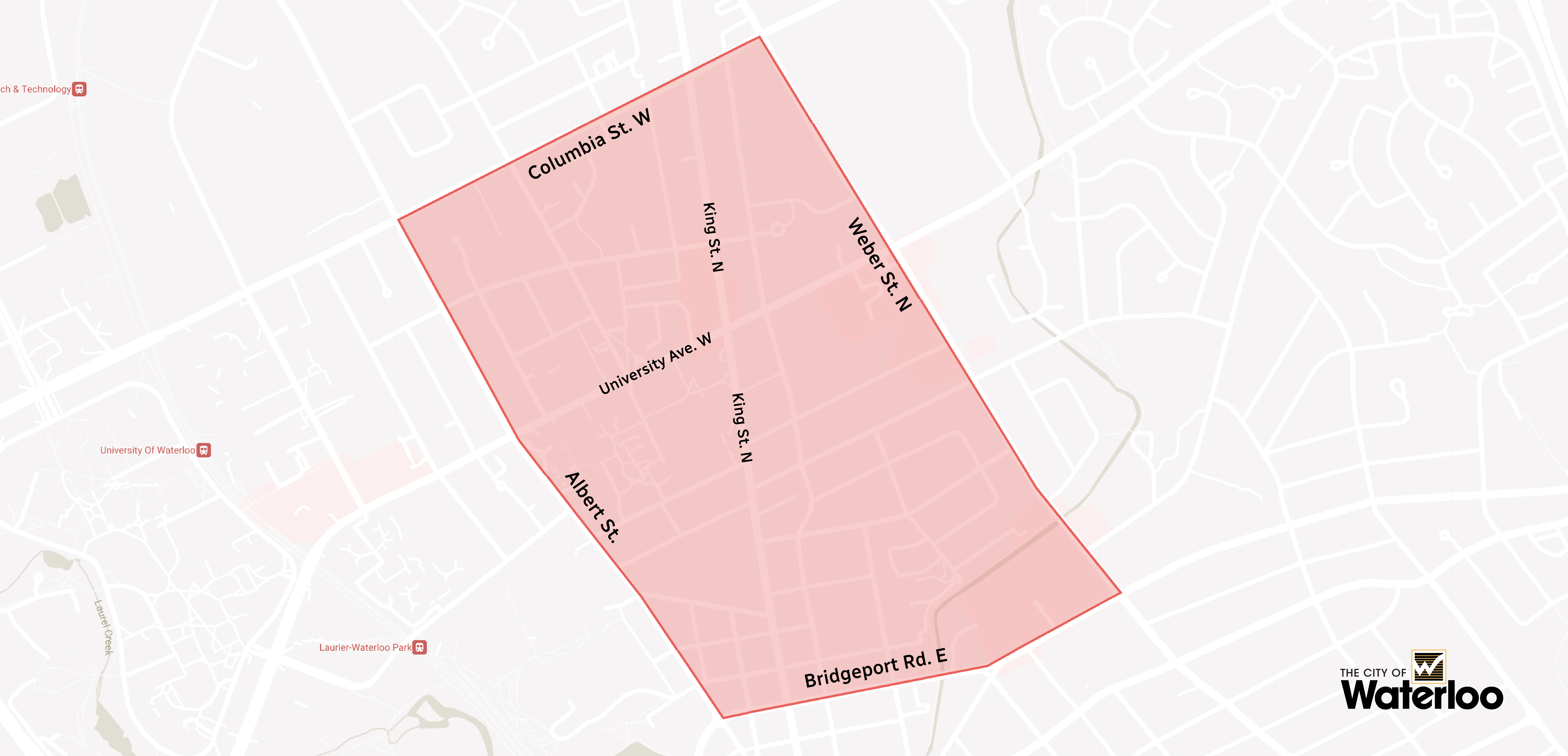 Map showing the St. Patrick’s Day parking ban area. The boundary is bordered by Columbia Street West, Weber Street North, Bridgeport Road East and Albert Street.