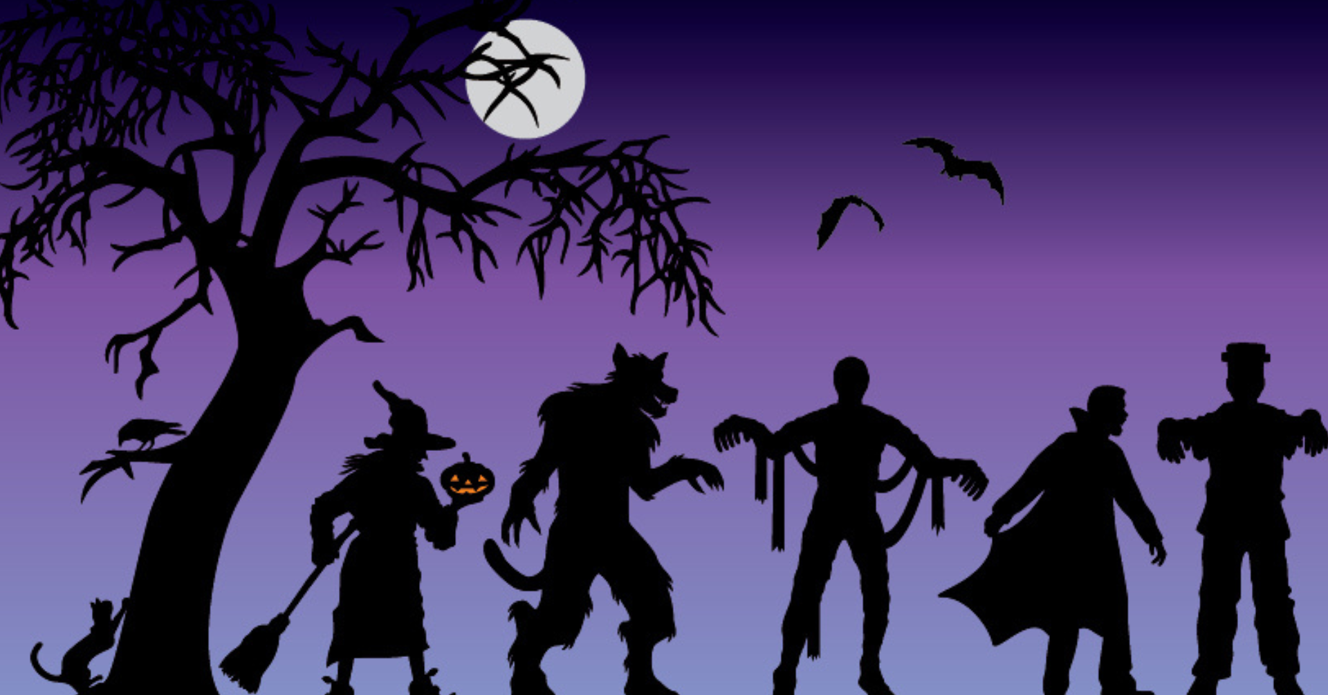 Silhouettes of various Halloween creatures standing under a full moon and purple sky.