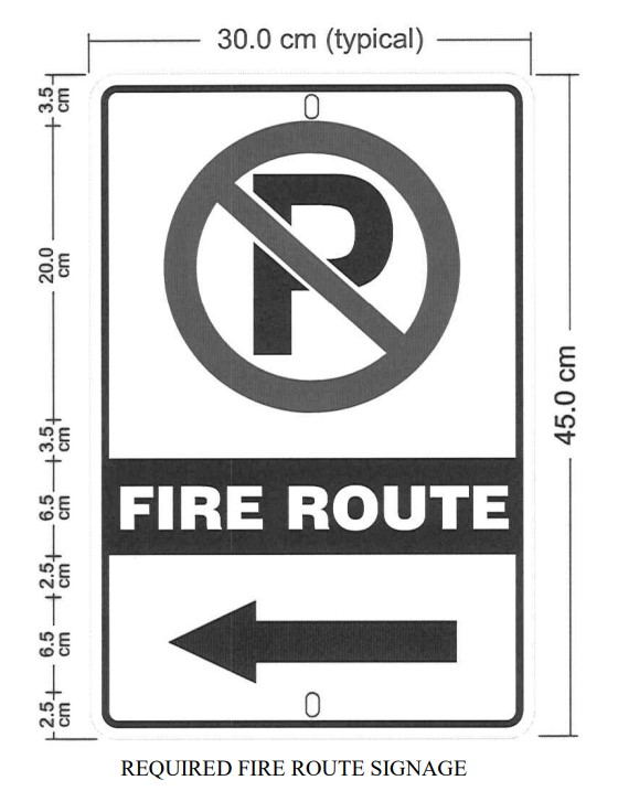 Image shows the design and dimensions of what the Fire route sign must look like, including text, colour, and directional arrows.