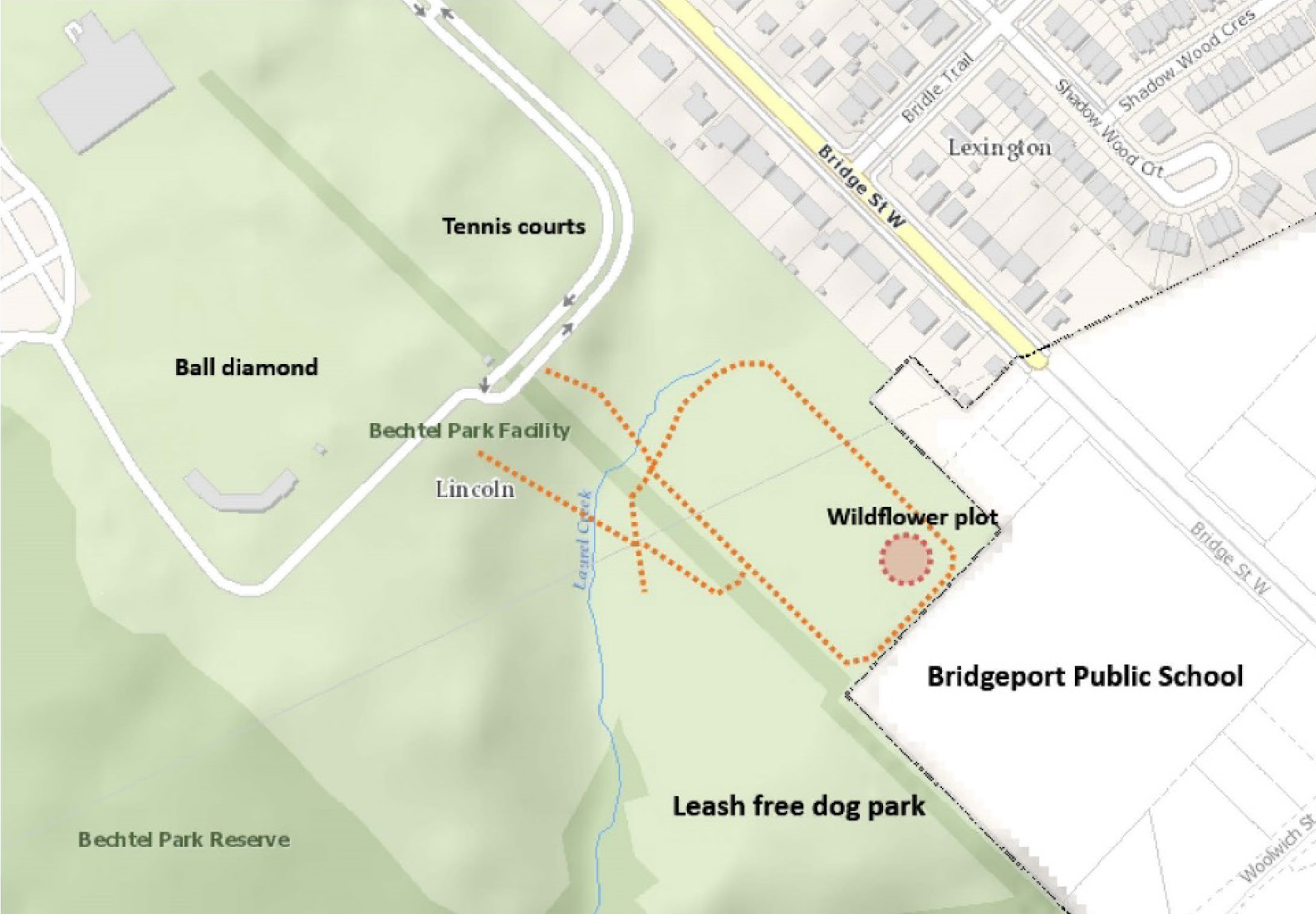 Map showing the Bechtel Park wildflower plot near the tennis courts and Bridgeport Public School.