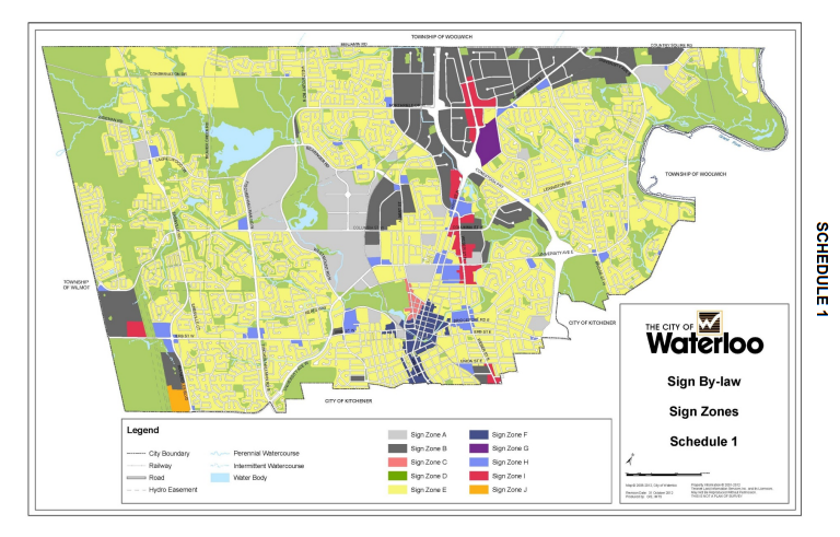 Image shows a map of the City of Waterloo and the boundaries of sign zones.