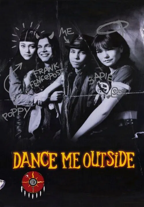 A black and white image of four people with graffiti writing and text that says 'Dance Me Outside'