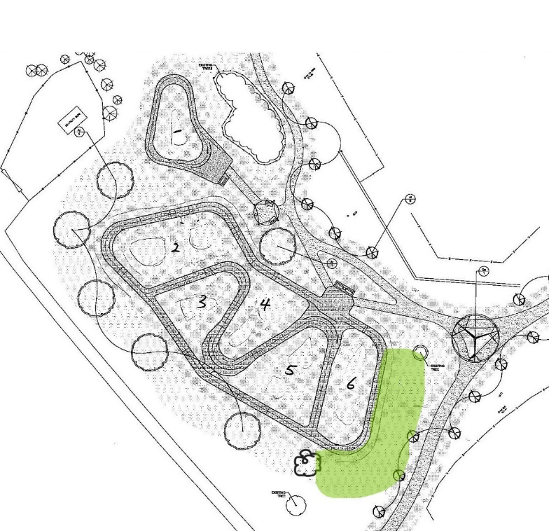 Map showing the community planting area at RIM Park Bike Park highlighted in green near the lower right side of the bike park.